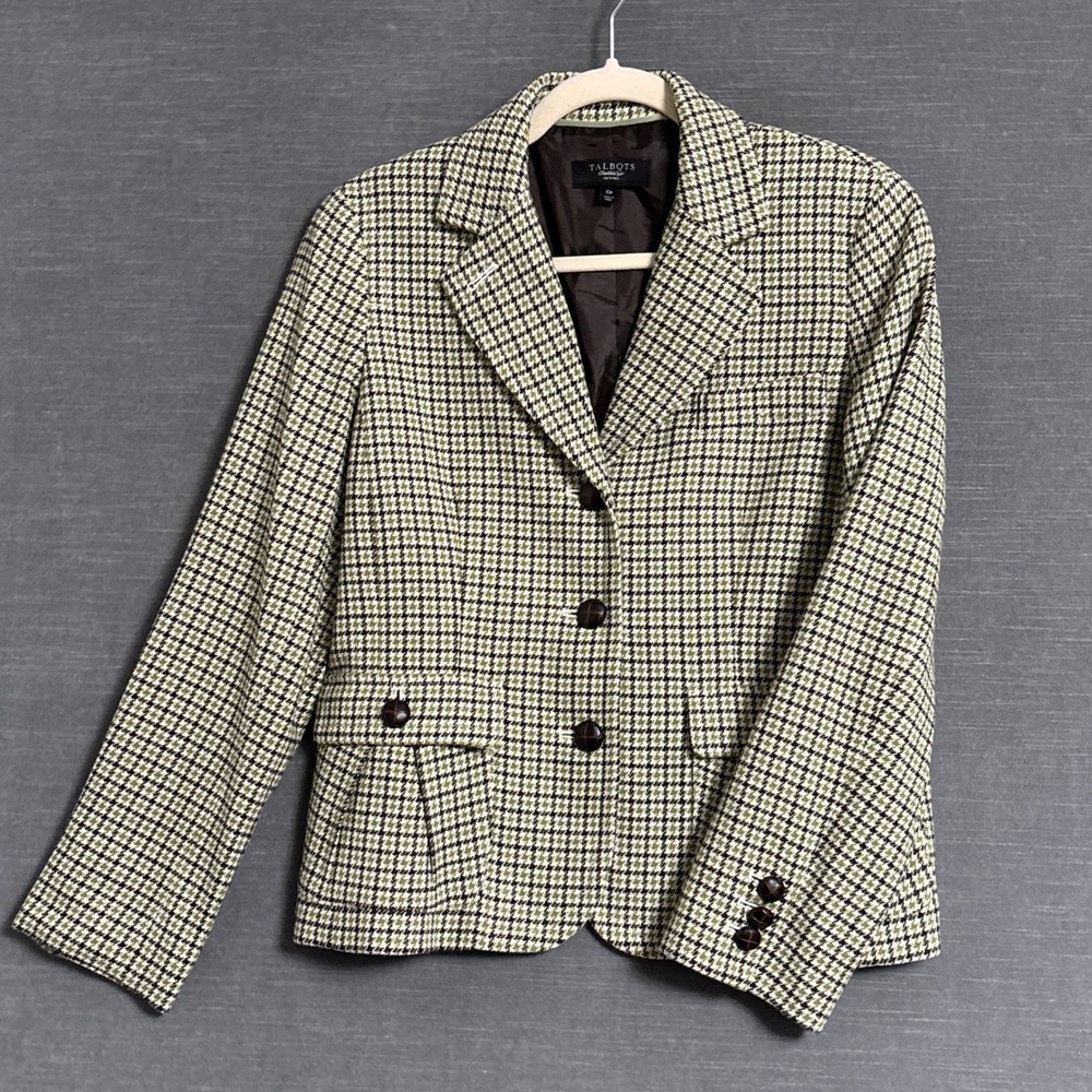 Talbots‎ Blazer 10 Petite Green Houndstooth Wool Tweed Jacket Equestrian Hunting